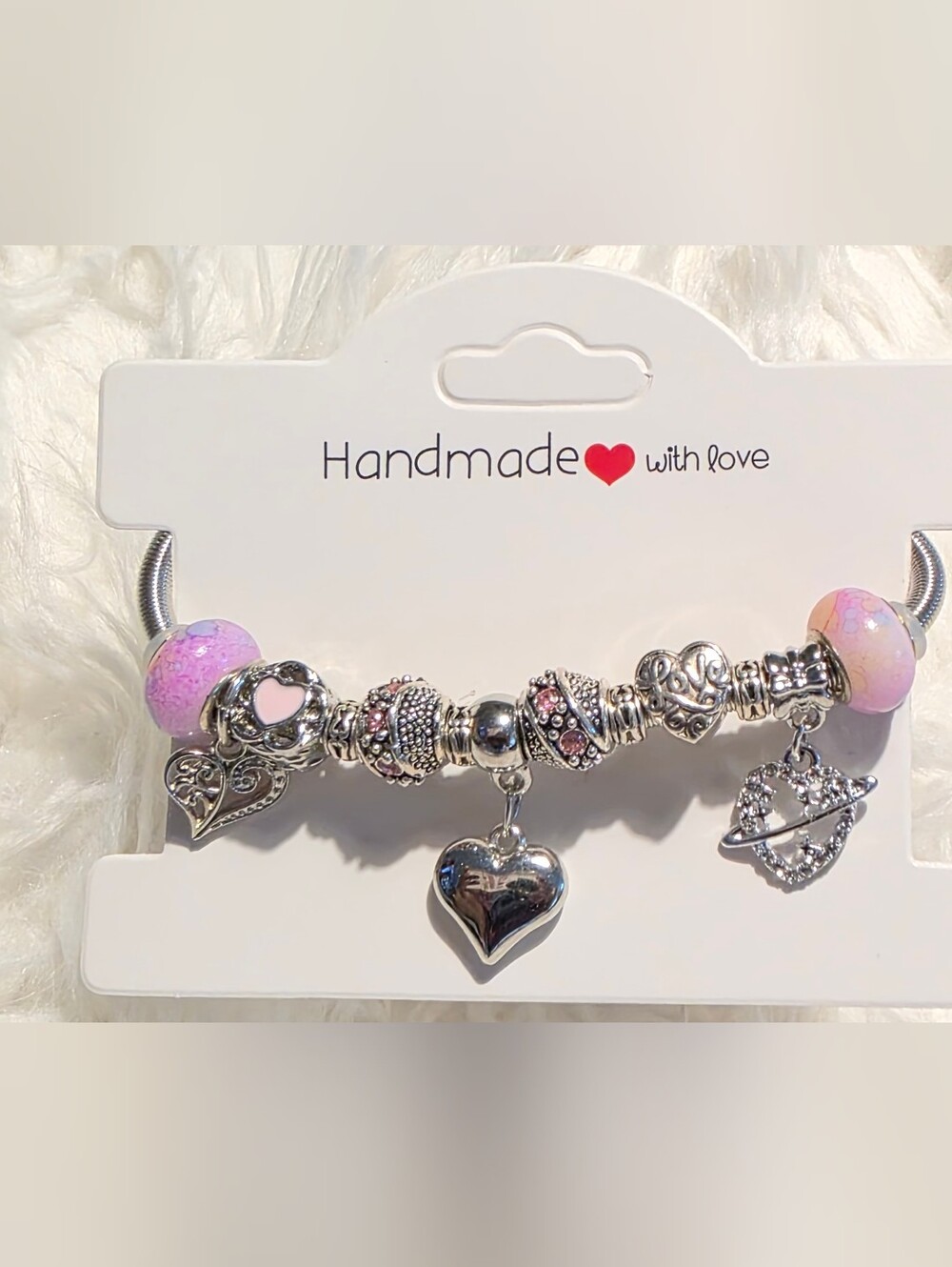 Handmade Silver & Pink Heart Charm Bracelet